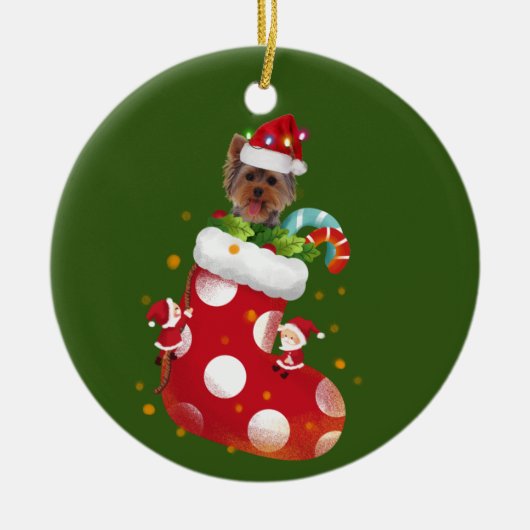 Yorkie mit Hat Sock Christmas Keramik Ornament (Vorne)