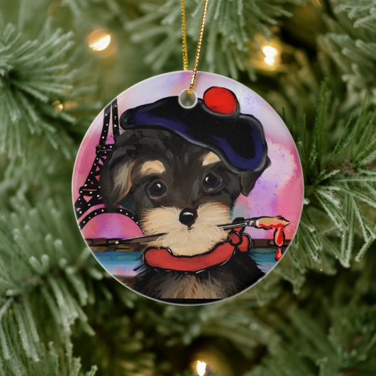 YORKIE POO ARTIST IN PARIS KERAMIK ORNAMENT (Baum)