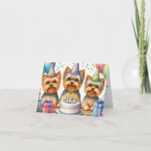 Yorkie Puppy Birthday Card mit Party Hats