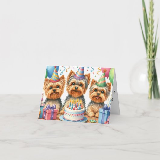 Yorkie Puppy Birthday Card mit Party Hats Karte (Vorderseite)