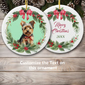 Yorkie Puppy Dog Red Bow Holly Wreath Keramik Ornament