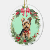 Yorkie Puppy Dog Red Bow Holly Wreath Keramik Ornament (Links)