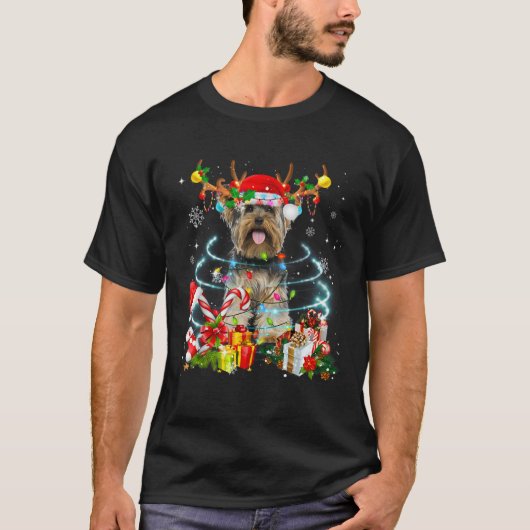 Yorkie Reindeer Christmas Tree Lights Pajama Dog X T-Shirt (Vorderseite)
