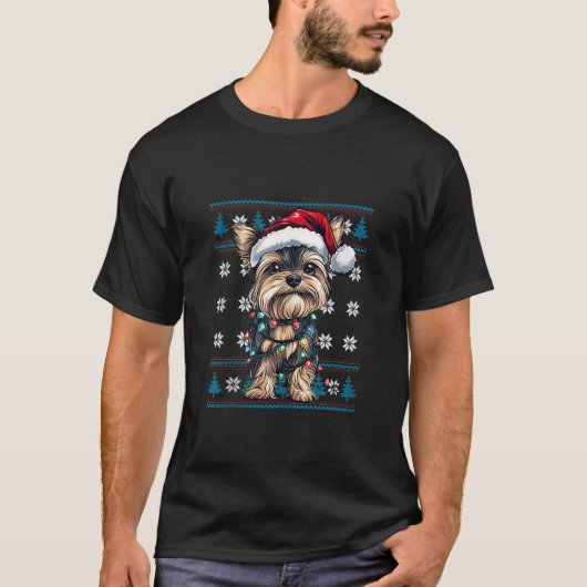 Yorkie Santa Ugly Christmas Tree Lights Yorkshire T-Shirt (Vorderseite)