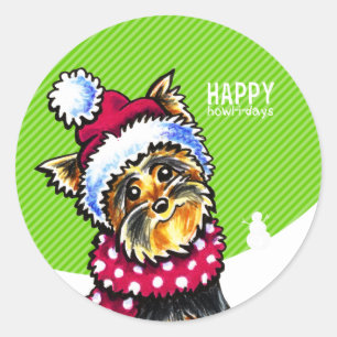 Yorkie Scarf Weihnachts-Happy Howl-i-days Runder Aufkleber