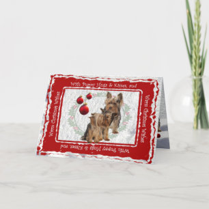 Yorkie Weihnachtswelpe umarmt u. küsst Grußkarte Feiertagskarte
