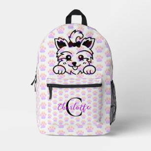 Yorkie-Welpe bunte Pfotenabdrücke Monogramm Bedruckter Rucksack