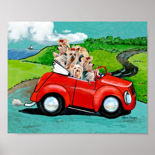 Yorkies in Red Convertible Leinwand Art Print Poster (Vorne)