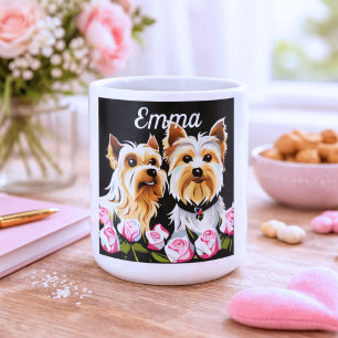 Yorkies und Rosen Monogramm Kaffeetasse