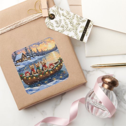 Yorkipoo Christmas Boat Holiday Quadratischer Aufkleber (Schenken)