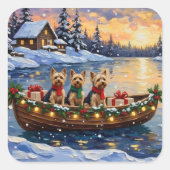 Yorkipoo Christmas Boat Holiday Quadratischer Aufkleber (Vorderseite)