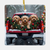 Yorkipoo Christmas Red Truck Holiday Gift Keramikornament (Vorderseite)