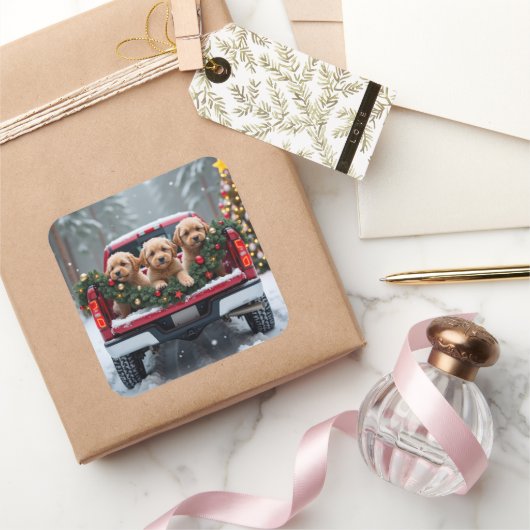 Yorkipoo Christmas Red Truck Holiday Gift Quadratischer Aufkleber (Schenken)