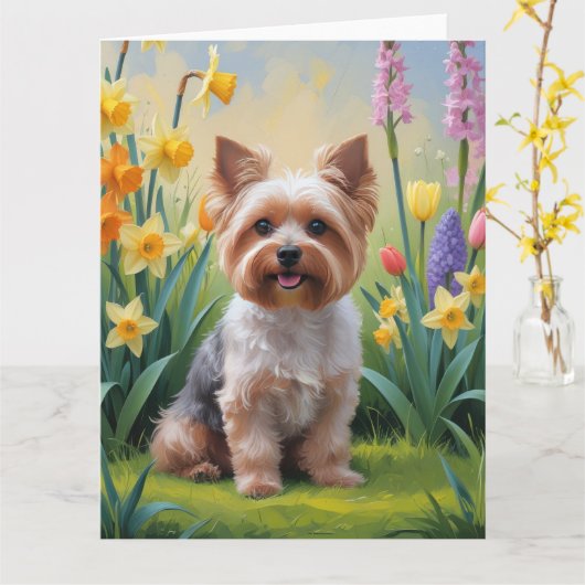 Yorkipoo Dog Spring Flowers Malerei Karte (Gelbe Blume)