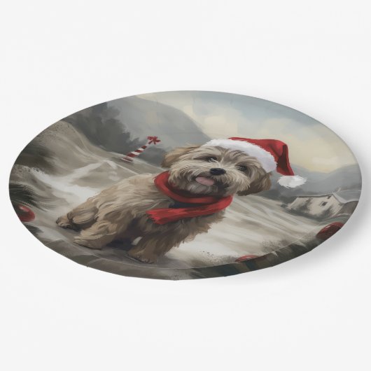 Yorkipoo Dog zu Weihnachten im Schnee Pappteller (Schrägansicht)