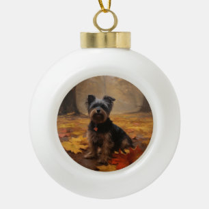Yorkipoo im Herbst Blätterfall inspiriert Keramik Kugel-Ornament