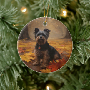 Yorkipoo im Herbst Blätterfall inspiriert Keramik Ornament