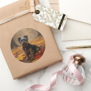Yorkipoo im Herbst inspiriert durch fallende Blätt Runder Aufkleber