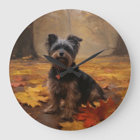 Yorkipoo im Herbstfall Inspiriert Große Wanduhr (Vorderseite)