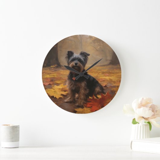 Yorkipoo im Herbstfall Inspiriert Große Wanduhr (Zuhause)