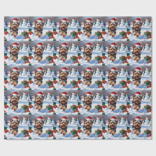 Yorkipoo läuft im Schnee mit Weihnachtshut Geschenkpapier (Flach)