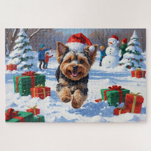 Yorkipoo läuft im Schnee mit Weihnachtshut Puzzle (Horizontal)