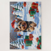 Yorkipoo läuft im Schnee mit Weihnachtshut Puzzle (Vertikal)