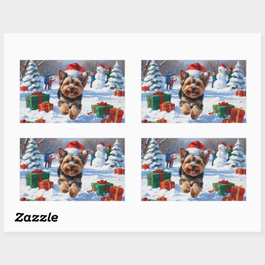 Yorkipoo läuft im Schnee mit Weihnachtshut Rechteckiger Aufkleber (Blatt)