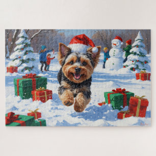 Yorkipoo läuft im Schnee mit Weihnachtsmütze Puzzle