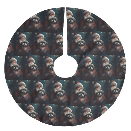 Yorkipoo mit Weihnachtsfeiern Polyester Weihnachtsbaumdecke (Vorderseite)