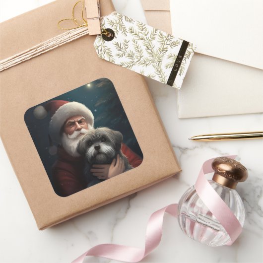 Yorkipoo mit Weihnachtsfeiern Quadratischer Aufkleber (Schenken)