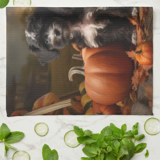 Yorkipoo Puppy Autumn Delight Pumpkin Geschirrtuch (Gefaltet)