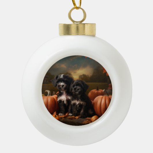 Yorkipoo Puppy Autumn Delight Pumpkin Keramik Kugel-Ornament (Vorderseite)