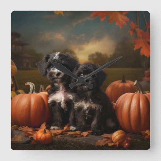 Yorkipoo Puppy Autumn Delight Pumpkin Quadratische Wanduhr (Vorderseite)