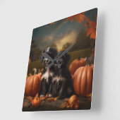 Yorkipoo Puppy Autumn Delight Pumpkin Quadratische Wanduhr (Winkel)