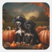 Yorkipoo Puppy Autumn Delight Pumpkin Quadratischer Aufkleber (Vorderseite)