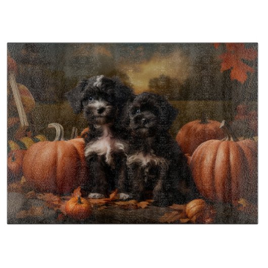 Yorkipoo Puppy Autumn Delight Pumpkin Schneidebrett (Vorderseite)