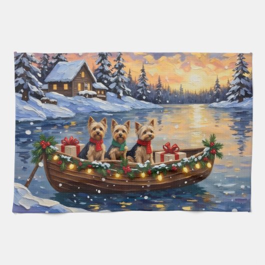 Yorkipoo Weihnachtsboot-Feiertag Geschirrtuch (Horizontal)