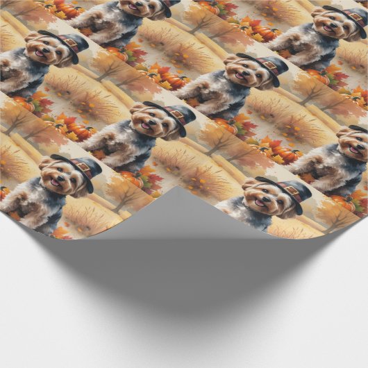 Yorkipos im Herbst hinterlässt Erntedank Kunst Geschenkpapier (Ecke)