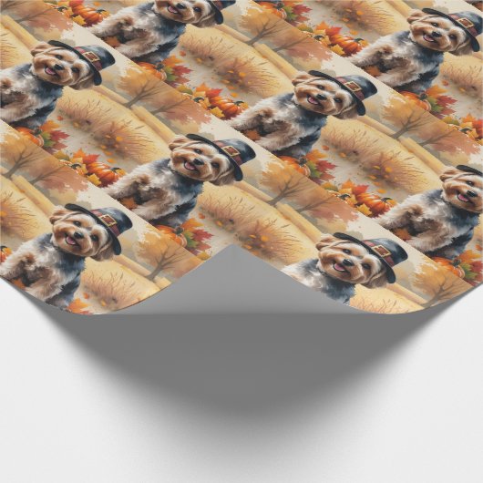 Yorkipos im Herbst hinterlässt Erntedank Kunst Geschenkpapier (Ecke)