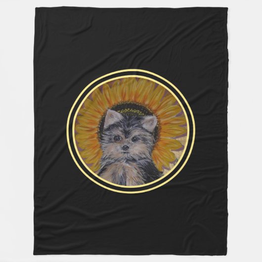 Yorkshire Puppy Dog & Sunflower auf Black Fleecedecke (Vorderseite)