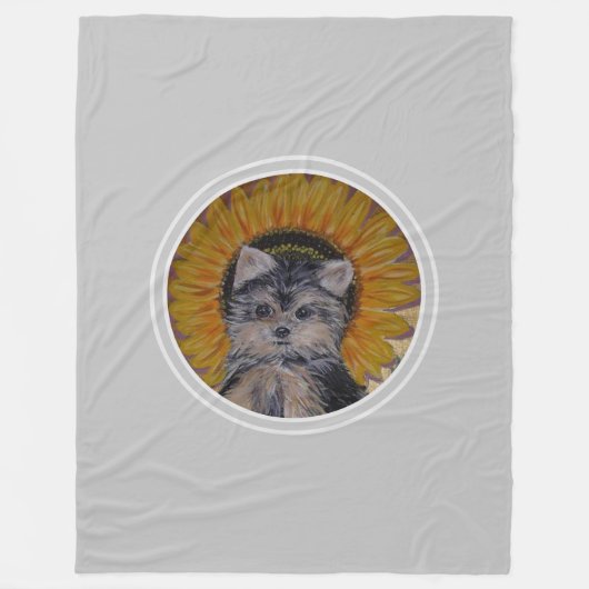 Yorkshire Puppy Dog & Sunflower auf Light Grau Fleecedecke (Vorderseite)