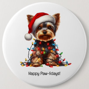 Yorkshire Terrier auf Santa-Hut und Weihnachtsbele Button