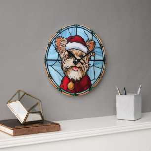 Yorkshire Terrier Buntglas Weihnachten Große Wanduhr