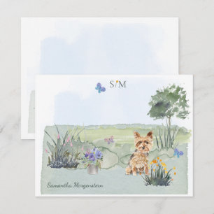Yorkshire Terrier Butterfly Meadow Monogram Name Mitteilungskarte