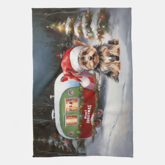 Yorkshire Terrier Caravan Christmas Adventure Geschirrtuch (Vertikal)