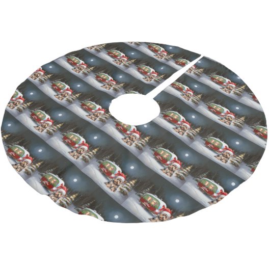 Yorkshire Terrier Caravan Christmas Adventure Polyester Weihnachtsbaumdecke (Schrägansicht)