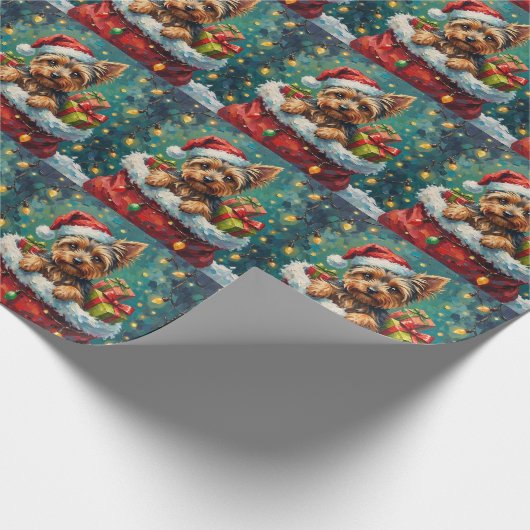 Yorkshire Terrier Christmas Santa Bag Adventure Geschenkpapier (Ecke)