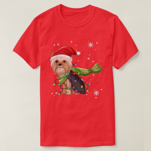 Yorkshire Terrier Christmas Tree Lights Funny Xmas T-Shirt (Design vorne)