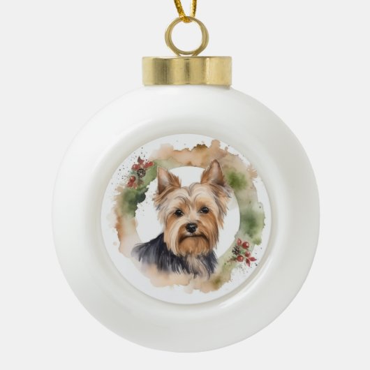 Yorkshire Terrier Christmas Wreath Festivals Keramik Kugel-Ornament (Vorderseite)